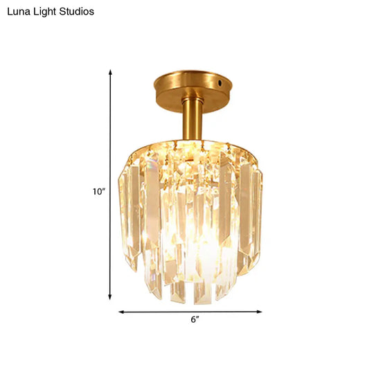 Brass Crystal Semi Flush Mount Ceiling Light For Porch - Simple Drum Design Clear 1 - Light