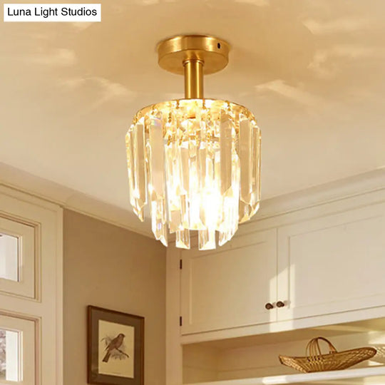 Brass Crystal Semi Flush Mount Ceiling Light For Porch - Simple Drum Design Clear 1 - Light