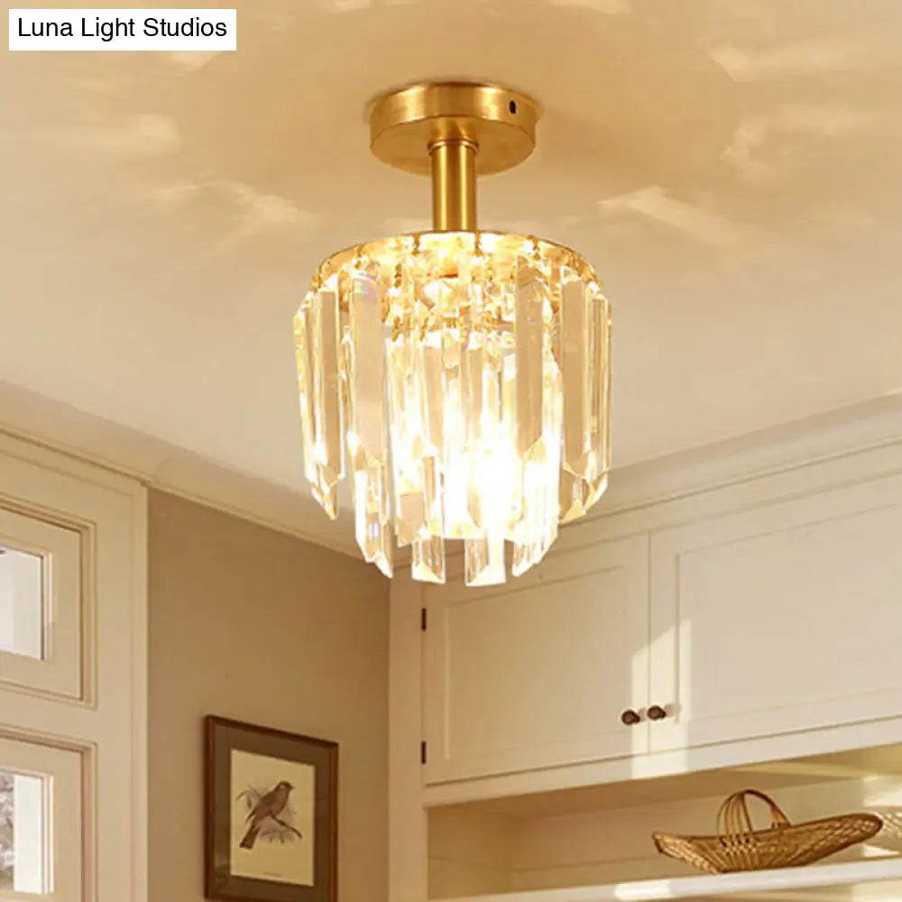 Brass Crystal Semi Flush Mount Ceiling Light For Porch - Simple Drum Design Clear 1-Light