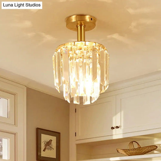 Brass Crystal Semi Flush Mount Ceiling Light For Porch - Simple Drum Design Clear 1-Light