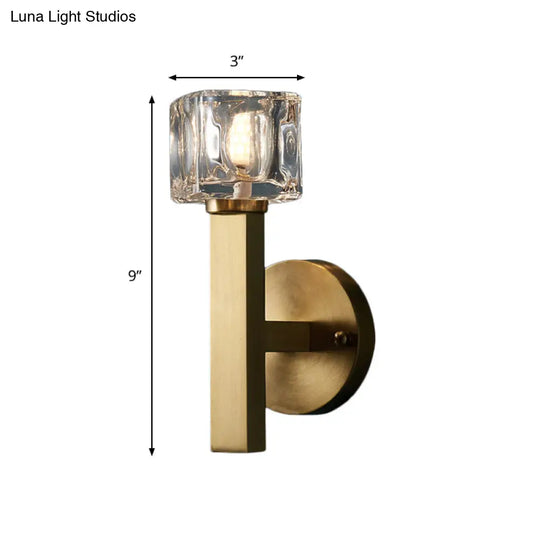 Brass Cylinder Sconce With Clear Crystal Block For Modern Living Room Lighting