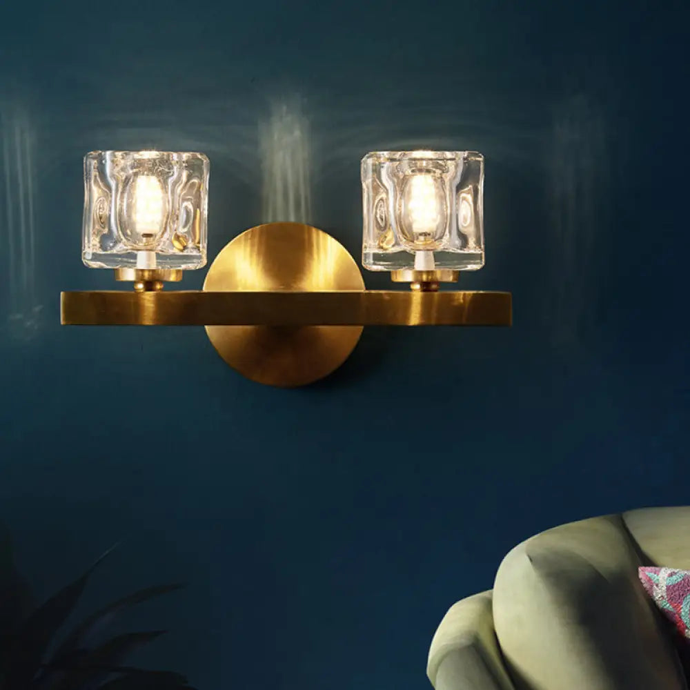 Brass Cylinder Sconce With Clear Crystal Block For Modern Living Room Lighting 2 /