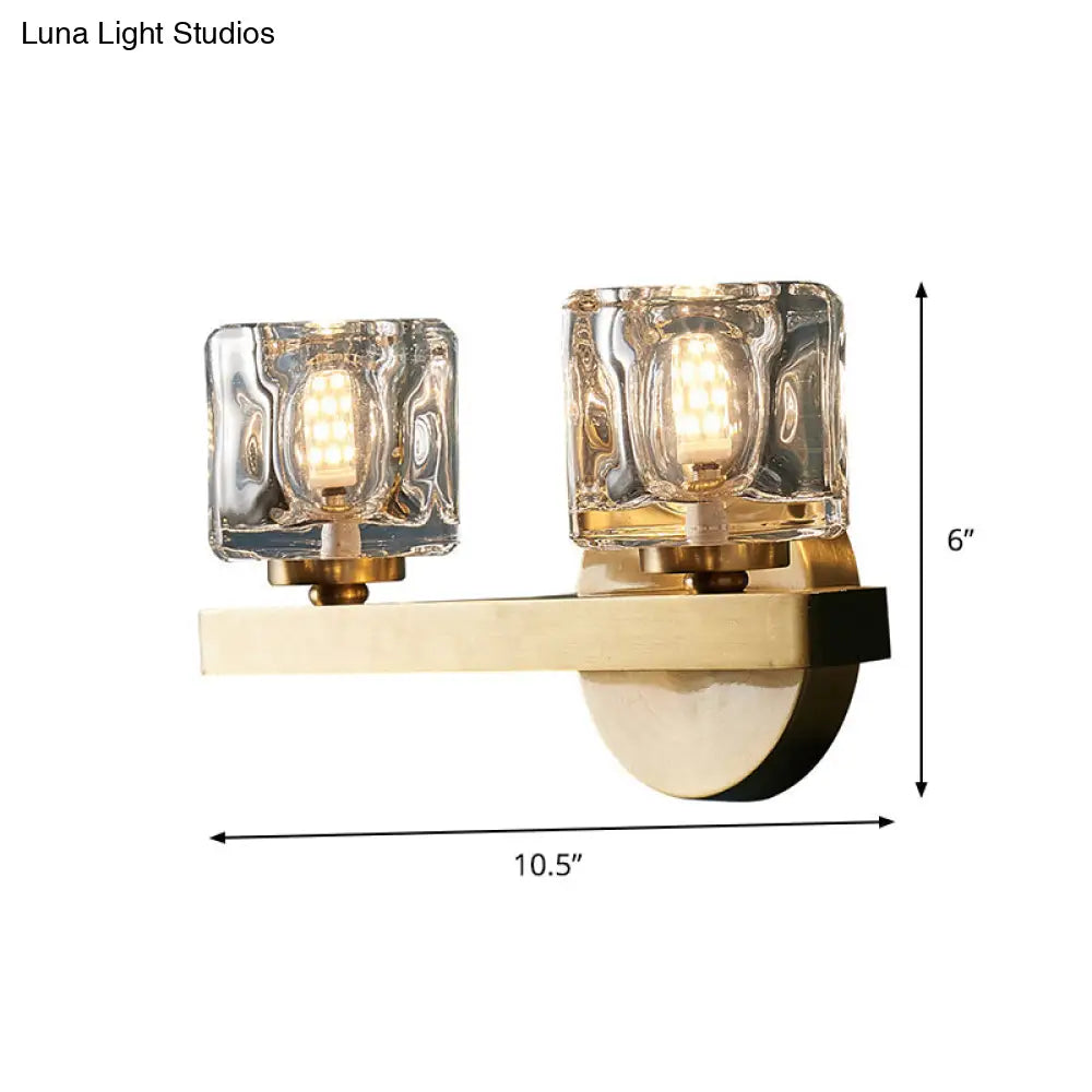 Brass Cylinder Sconce With Clear Crystal Block For Modern Living Room Lighting