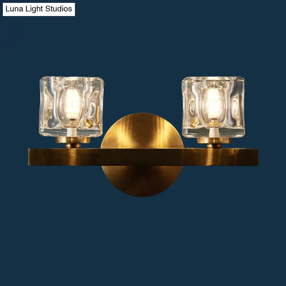 Brass Cylinder Sconce With Clear Crystal Block For Modern Living Room Lighting