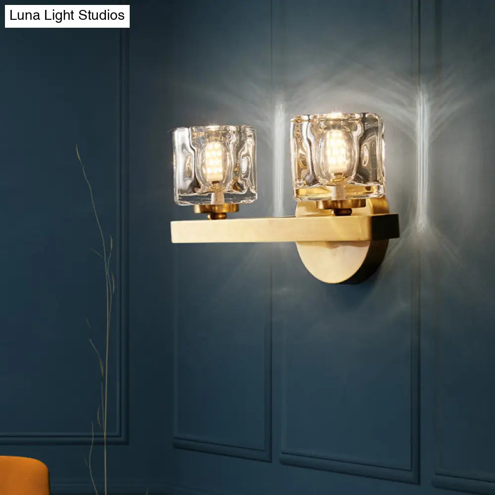 Brass Cylinder Sconce With Clear Crystal Block For Modern Living Room Lighting