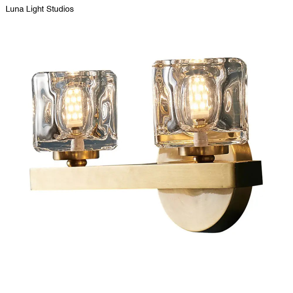 Brass Cylinder Sconce With Clear Crystal Block For Modern Living Room Lighting