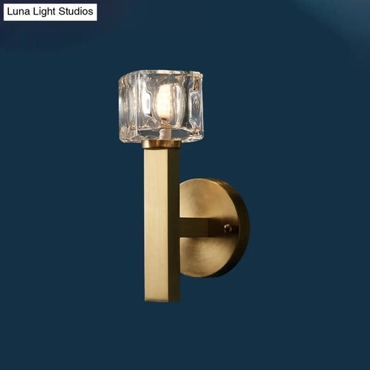 Brass Cylinder Sconce With Clear Crystal Block For Modern Living Room Lighting