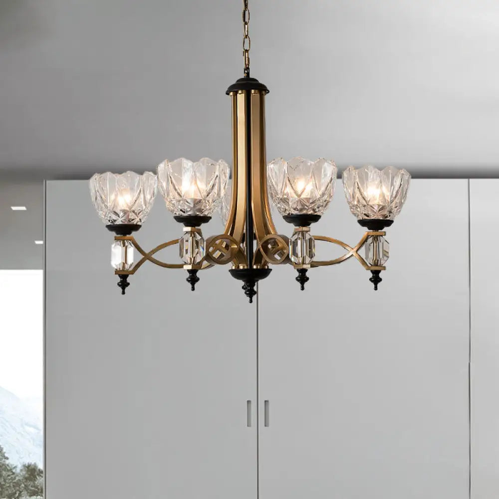 Brass Dome Pendant Light Fixture With Clear Glass Shade - Modern 5-Head Chandelier Lighting