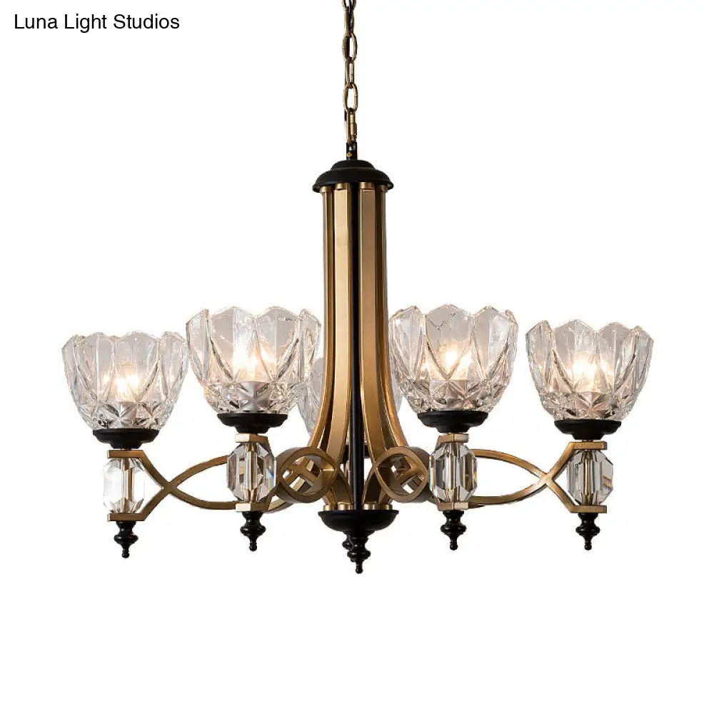 Brass Dome Chandelier With Clear Glass Shades - Modern 5 Heads Pendant Light Fixture