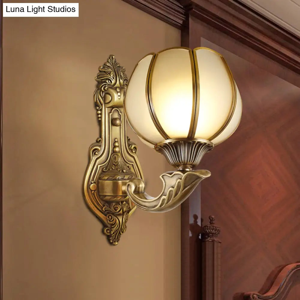 Brass Domed Colonial Wall Light With Textured Opal Glass - 1 Fixture