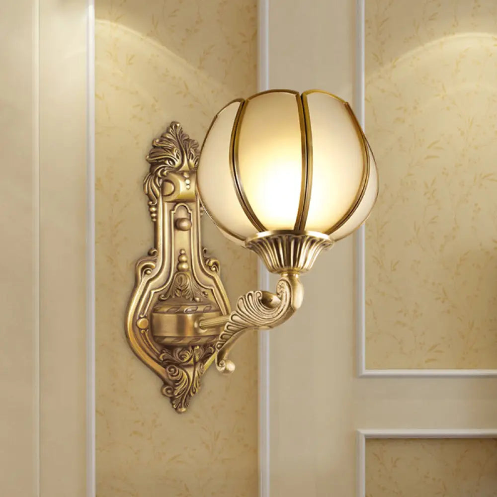 Brass Domed Colonial Wall Light With Textured Opal Glass - 1 Fixture / B