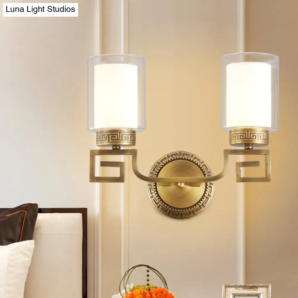 Brass Double Glass Wall Sconce Lamp - Modernist Style 2 Lights Ideal For Corridors