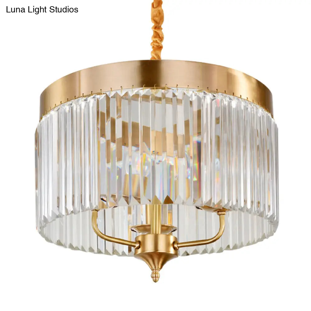 Modern Brass Drum Pendant Chandelier With Faceted Crystal - 3-Bulb Ceiling Hanging Light