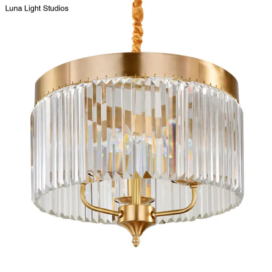 Modern Brass Drum Pendant Chandelier With Faceted Crystal - 3-Bulb Ceiling Hanging Light