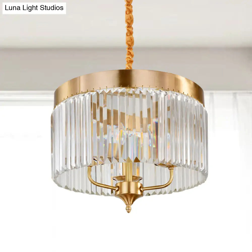 Modern Brass Drum Pendant Chandelier With Faceted Crystal - 3-Bulb Ceiling Hanging Light