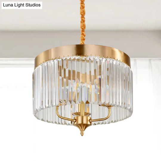 Modern Brass Drum Pendant Chandelier With Faceted Crystal - 3-Bulb Ceiling Hanging Light