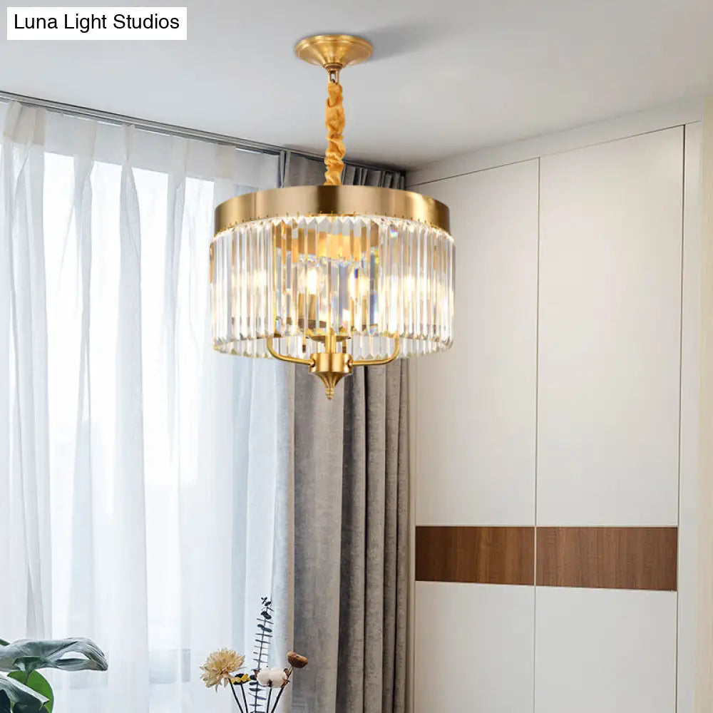 Brass Drum Pendant Chandelier With Faceted Crystal - 3 Bulbs Ceiling Hanging Light