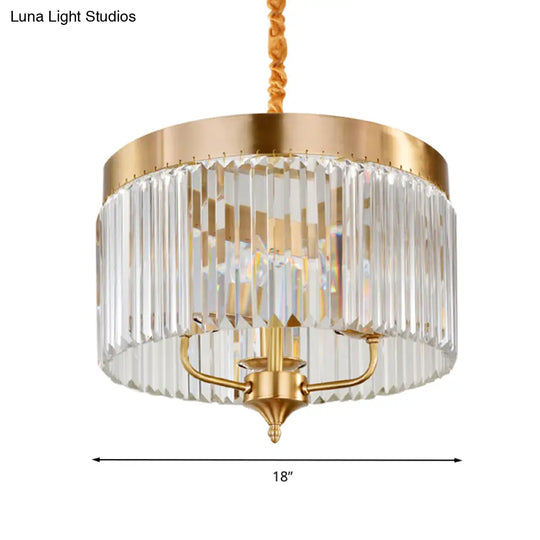 Brass Drum Pendant Chandelier With Faceted Crystal - 3 Bulbs Ceiling Hanging Light