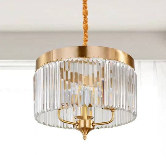 Brass Drum Pendant Chandelier With Faceted Crystal - 3 Bulbs Ceiling Hanging Light