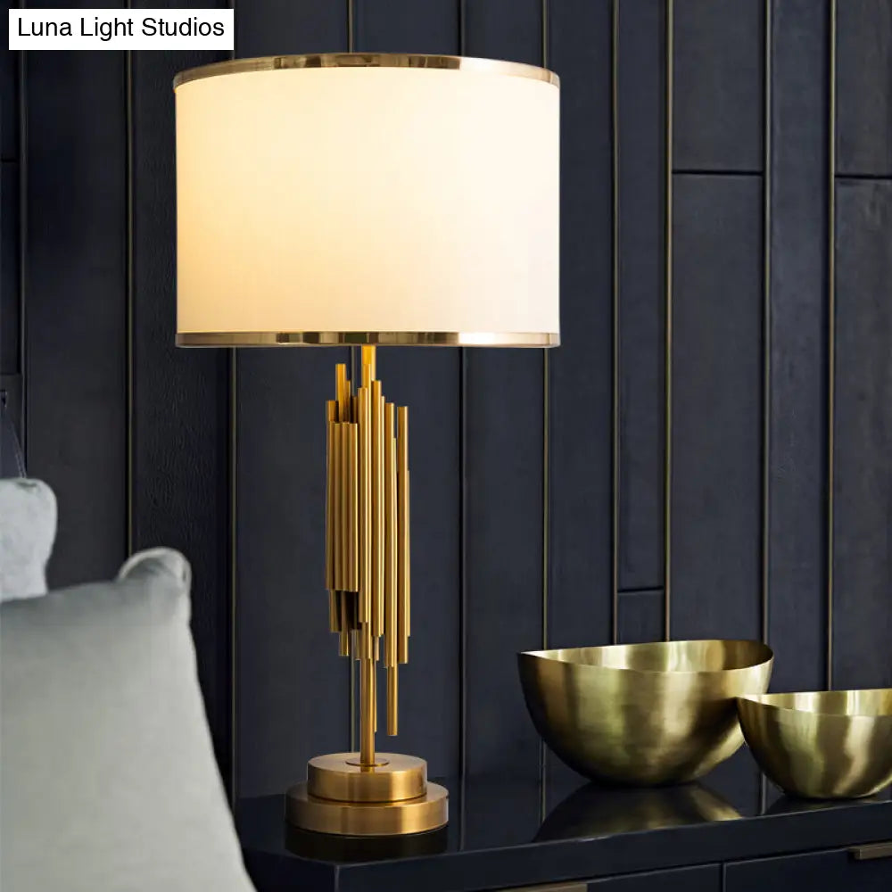 Brass Fabric Drum Nightstand Lamp - Simplistic 1 Bulb Lighting For Living Room Tables