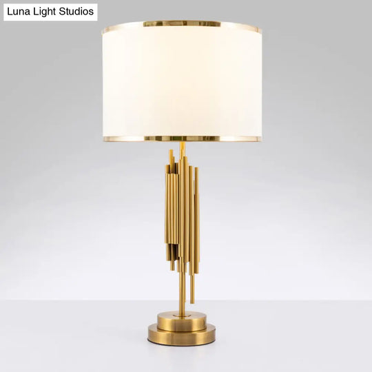 Brass Fabric Drum Nightstand Lamp - Simplistic 1 Bulb Lighting For Living Room Tables