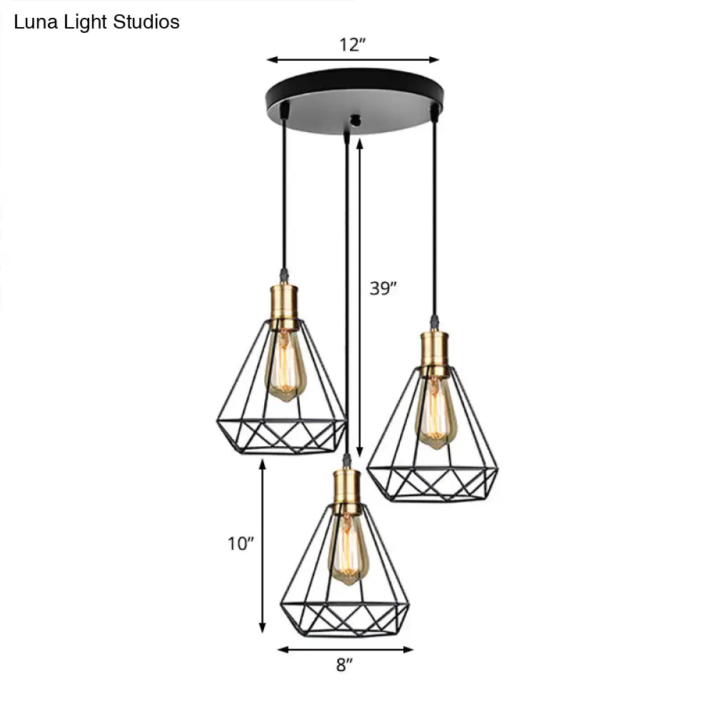 Brass Farmhouse Hanging Lamp With Teardrop Cage Shade And 3 Suspended Bulbs