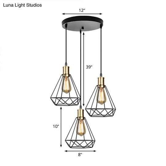 Brass Farmhouse Hanging Lamp With Teardrop Cage Shade And 3 Suspended Bulbs