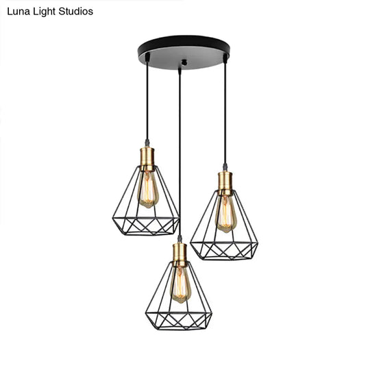 Brass Farmhouse Hanging Lamp With Teardrop Cage Shade And 3 Suspended Bulbs