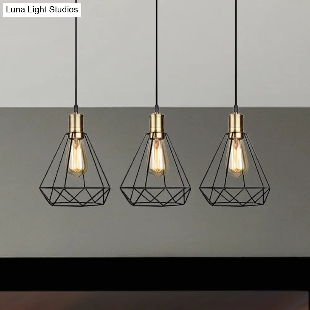 Brass Farmhouse Hanging Lamp With Teardrop Cage Shade And 3 Suspended Bulbs