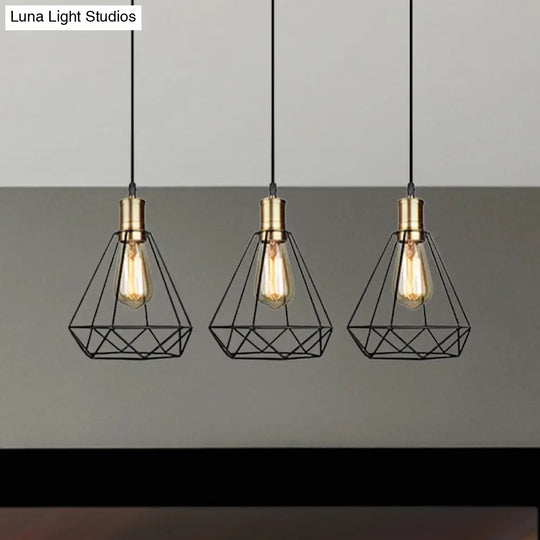 Brass Farmhouse Hanging Lamp With Teardrop Cage Shade And 3 Suspended Bulbs