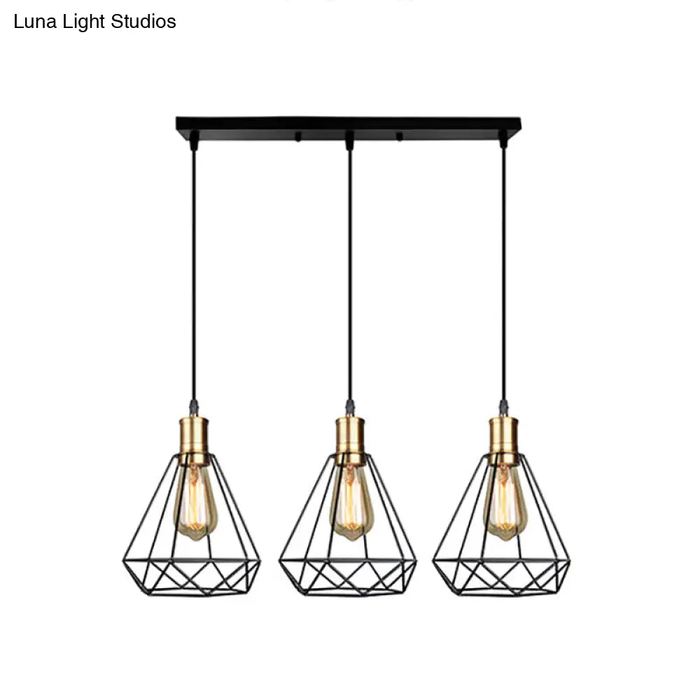 Brass Farmhouse Hanging Lamp With Teardrop Cage Shade And 3 Suspended Bulbs