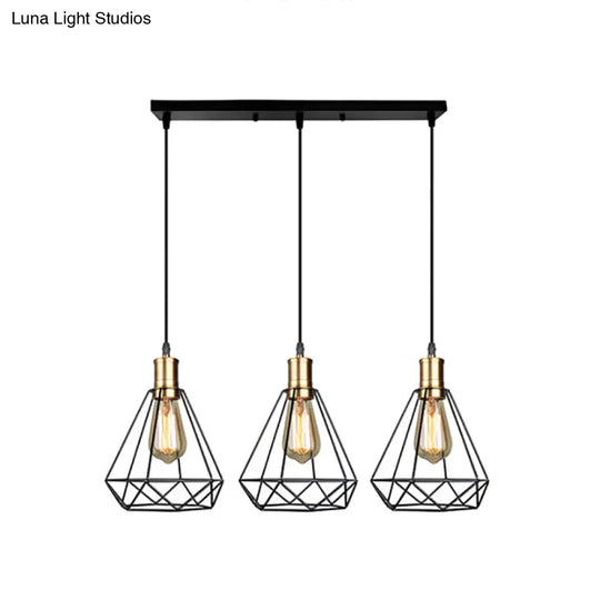 Brass Farmhouse Hanging Lamp With Teardrop Cage Shade And 3 Suspended Bulbs