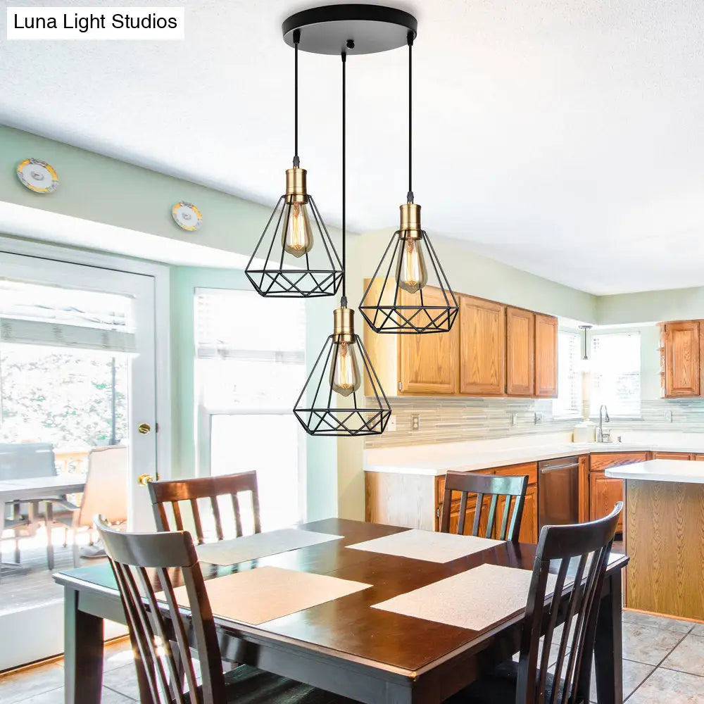 Brass Farmhouse Hanging Lamp With Teardrop Cage Shade And 3 Suspended Bulbs