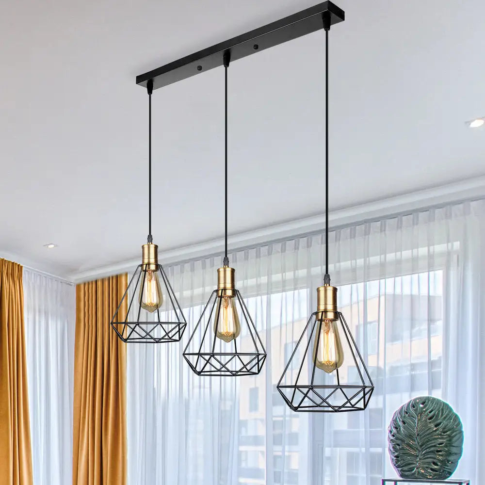Brass Farmhouse Hanging Lamp With Teardrop Cage Shade And 3 Suspended Bulbs / Linear