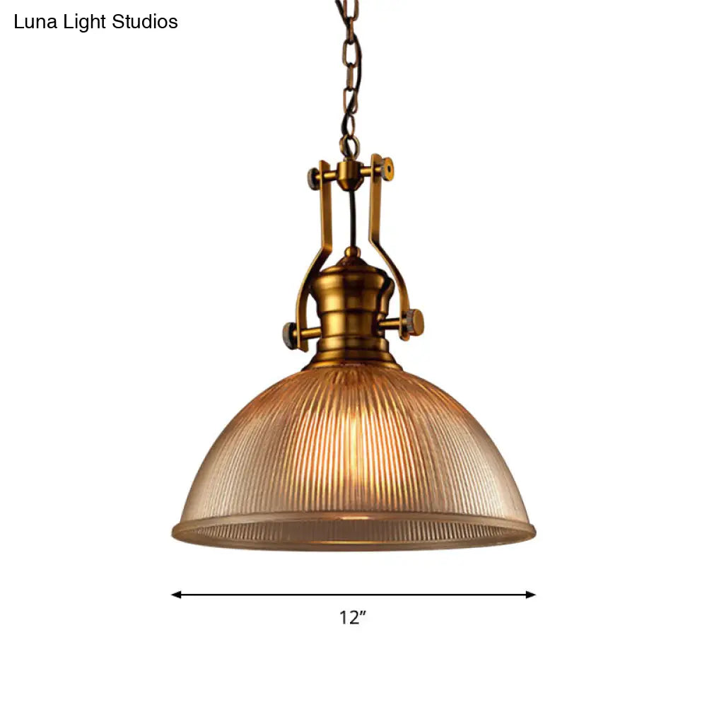 Brass Finish Bowl Pendant Light With Clear Ribbed Glass And Handle - Warehouse Bistro Hanging