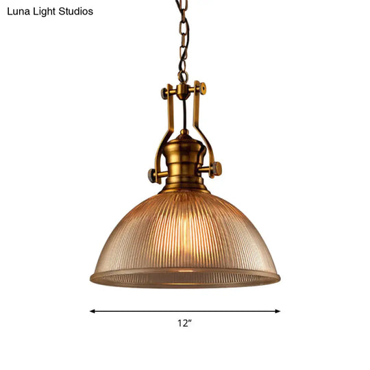 Brass Finish Bowl Pendant Light With Clear Ribbed Glass And Handle - Warehouse Bistro Hanging