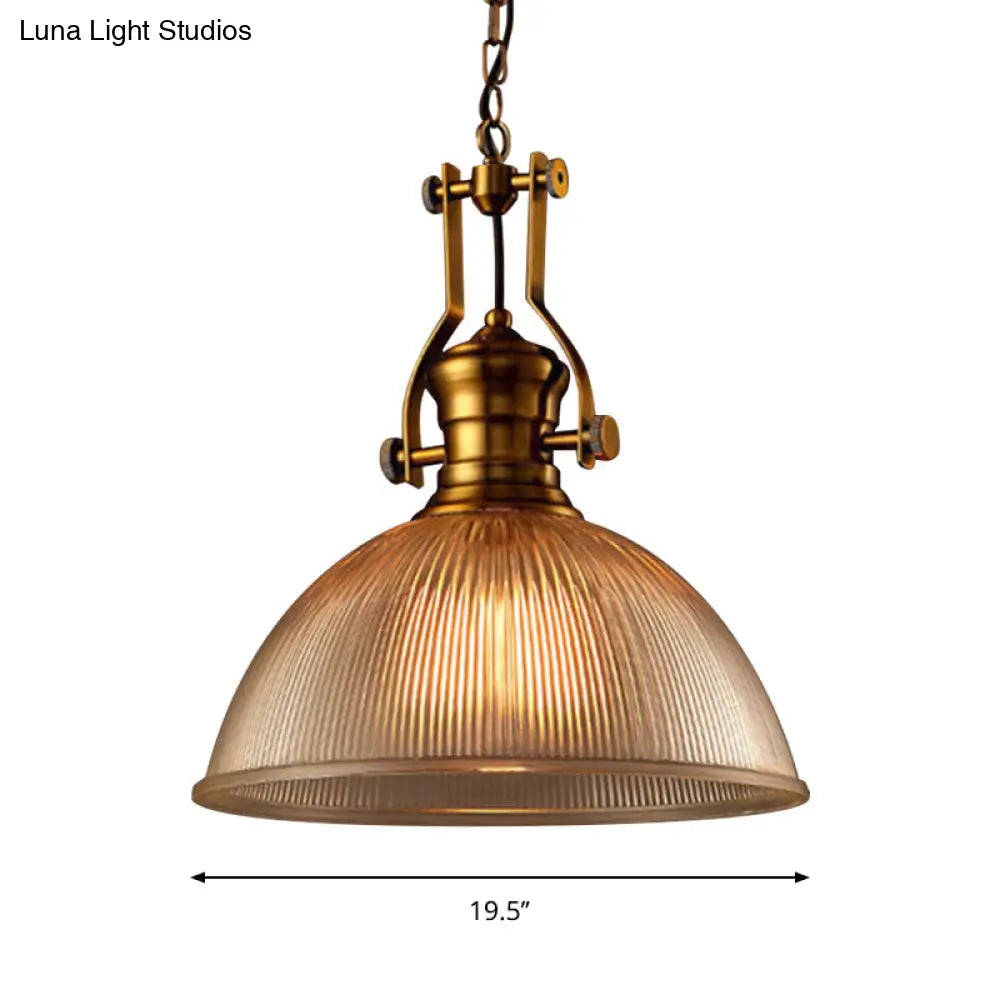 Brass Finish Bowl Pendant Light With Clear Ribbed Glass And Handle - Warehouse Bistro Hanging