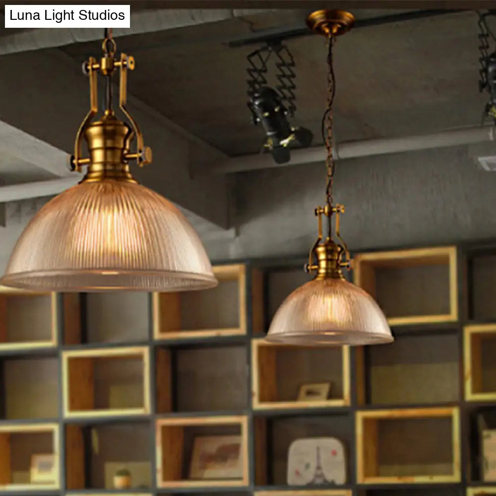 Brass Finish Bowl Pendant Light With Clear Ribbed Glass And Handle - Warehouse Bistro Hanging