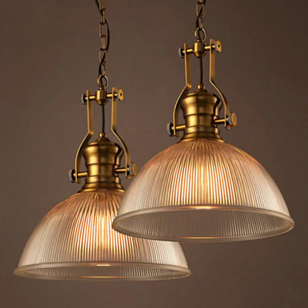 Brass Finish Bowl Pendant Light With Clear Ribbed Glass And Handle - Warehouse Bistro Hanging