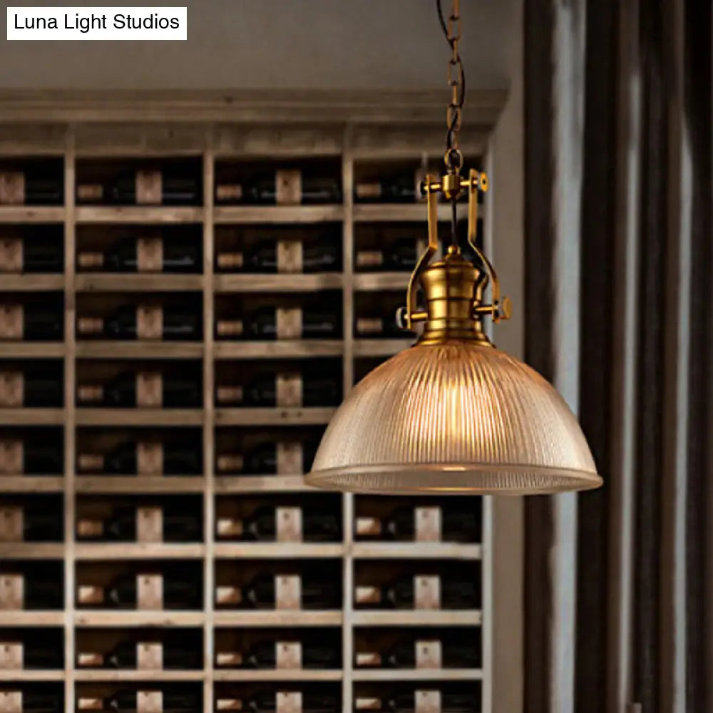 Brass Finish Bowl Pendant Light With Clear Ribbed Glass And Handle - Warehouse Bistro Hanging