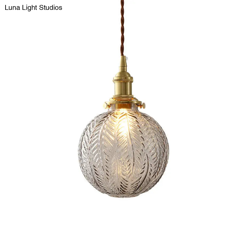 Spherical Pendant Light In Brass Finish With Clear Textured Glass - Ideal For Warehouse