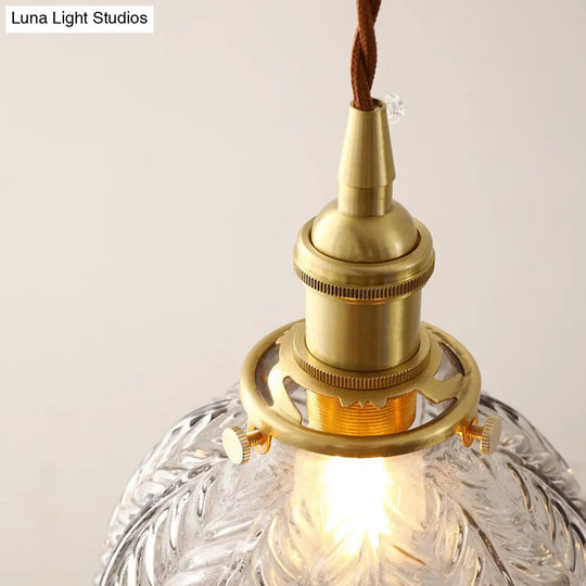 Spherical Pendant Light In Brass Finish With Clear Textured Glass - Ideal For Warehouse