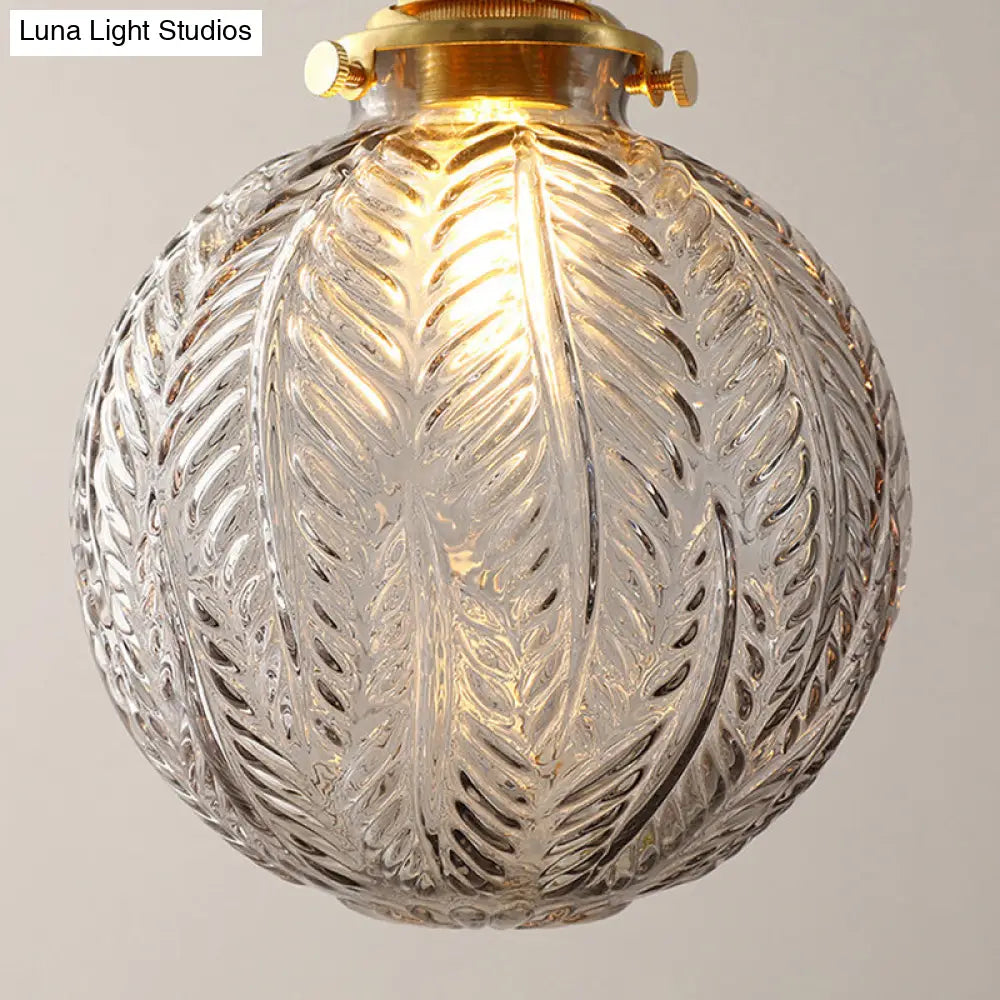 Spherical Pendant Light In Brass Finish With Clear Textured Glass - Ideal For Warehouse