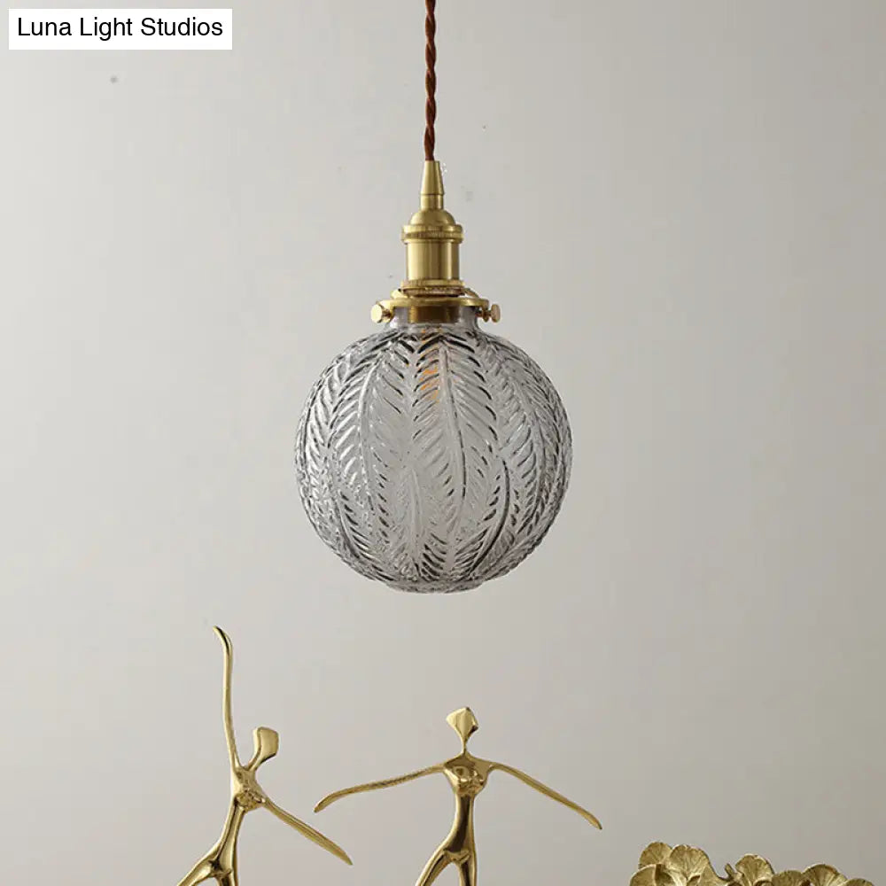 Spherical Pendant Light In Brass Finish With Clear Textured Glass - Ideal For Warehouse