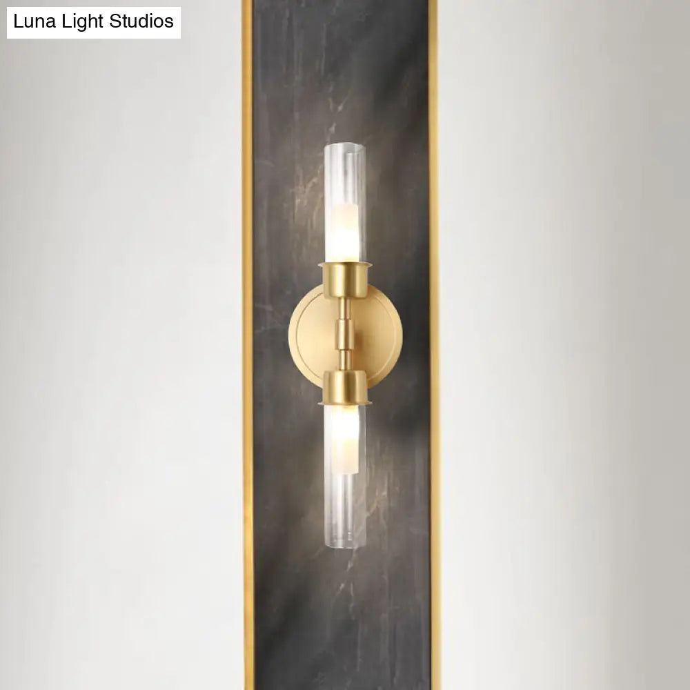 Brass Finish Double Cylinder Wall Sconce - Clear Glass 2 Lights