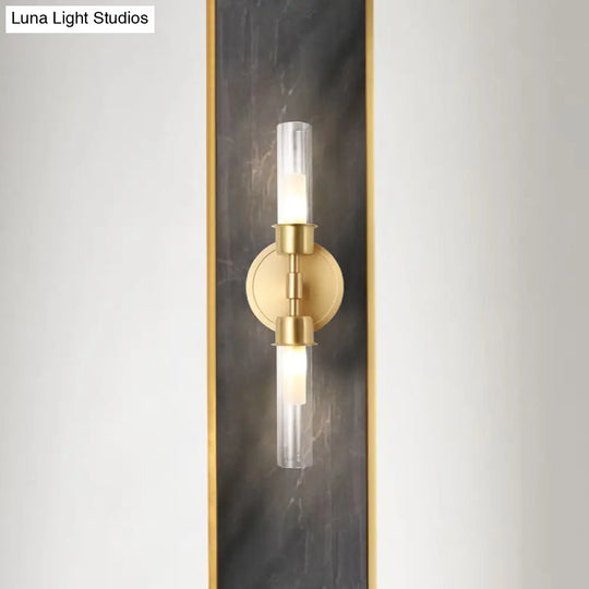 Brass Finish Double Cylinder Wall Sconce - Clear Glass 2 Lights