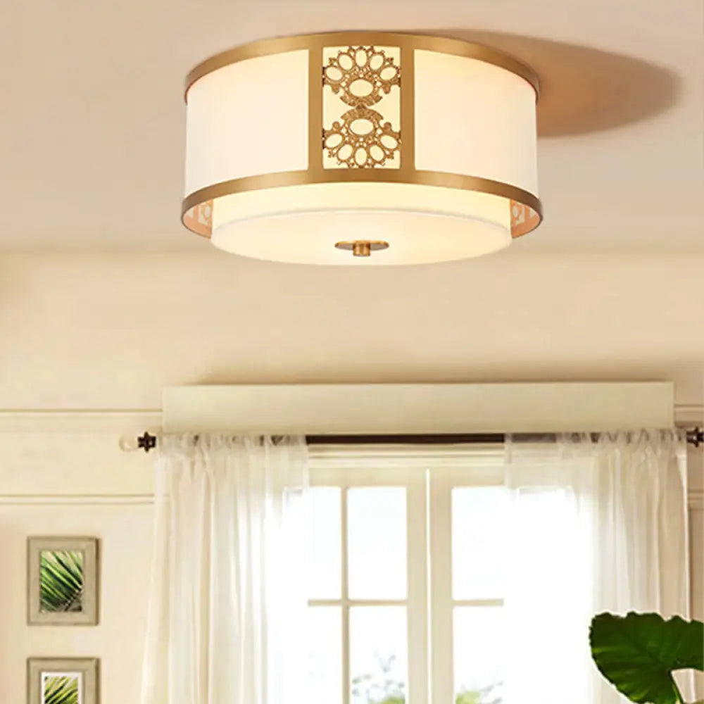 Brass Finish Dual Round Flush Mount Ceiling Lamp With Opaque Glass - 3/4 Light Minimalist Design