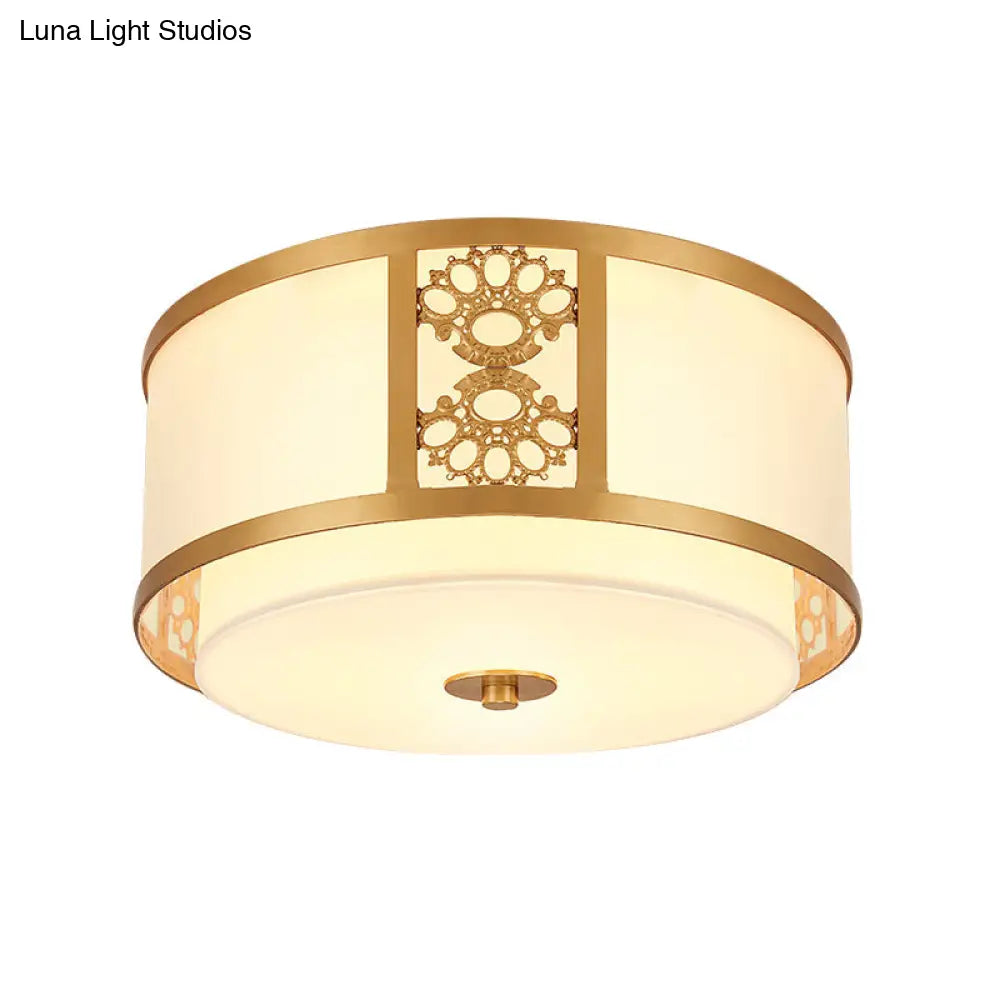 Brass Finish Dual Round Flush Mount Ceiling Lamp With Opaque Glass - 3/4 Light Minimalist Design