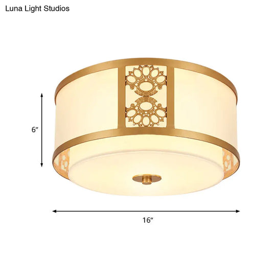 Brass Finish Dual Round Flush Mount Ceiling Lamp With Opaque Glass - 3/4 Light Minimalist Design