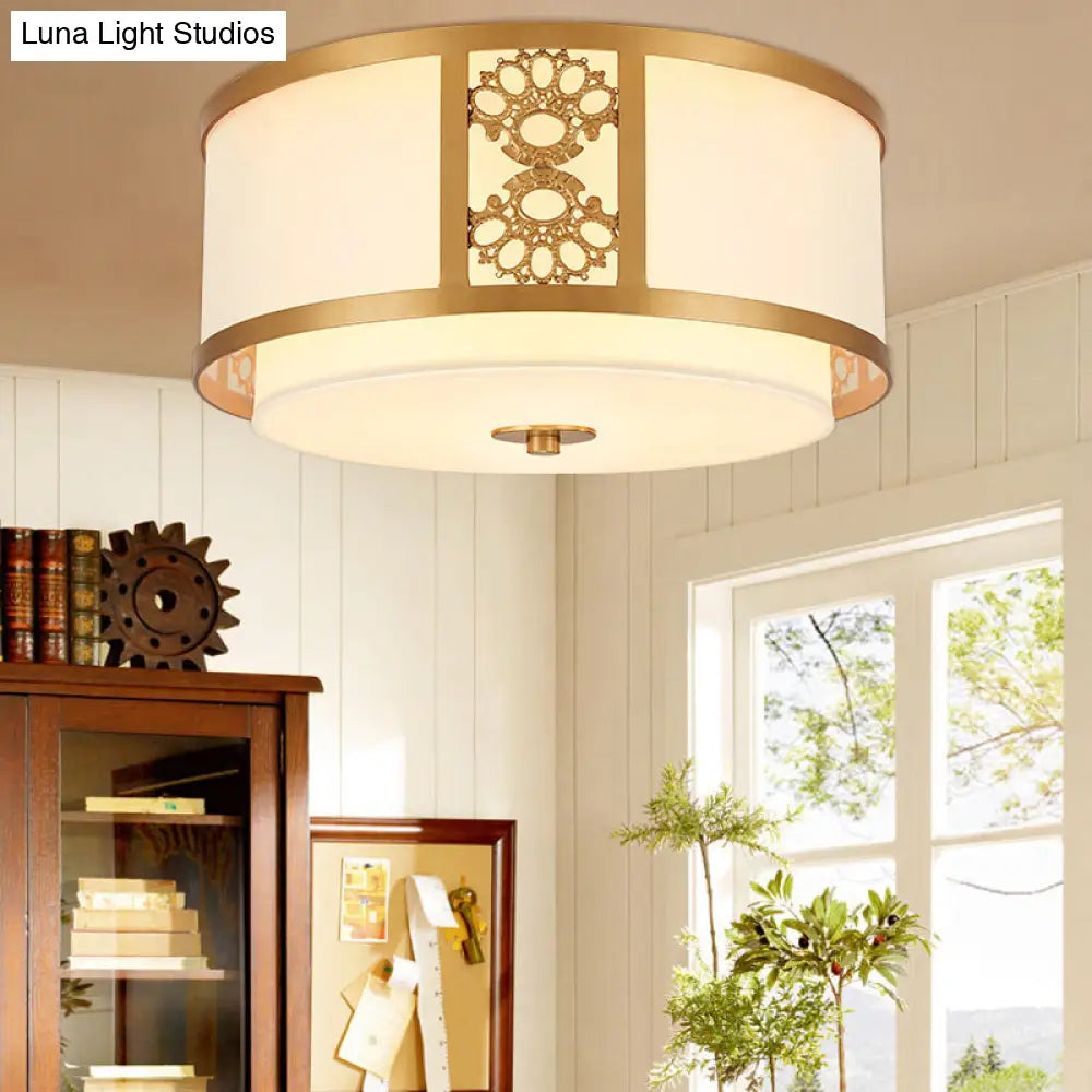 Brass Finish Dual Round Flush Mount Ceiling Lamp With Opaque Glass - 3/4 Light Minimalist Design